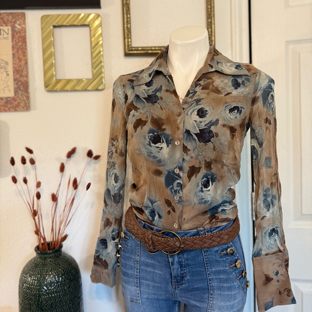 Jones New York Blue and Brown Floral Blouse